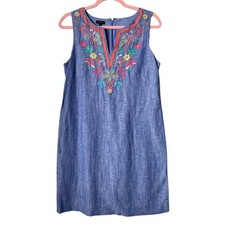 Talbots Dress Womens Size 4 Chambray Blue Linen Cotton Embroidered Floral Shift