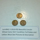 Lot #942 3 Beautiful Lincoln Wheats 1919-P 1919-D 1919-S VG-F-VF See Pictures
