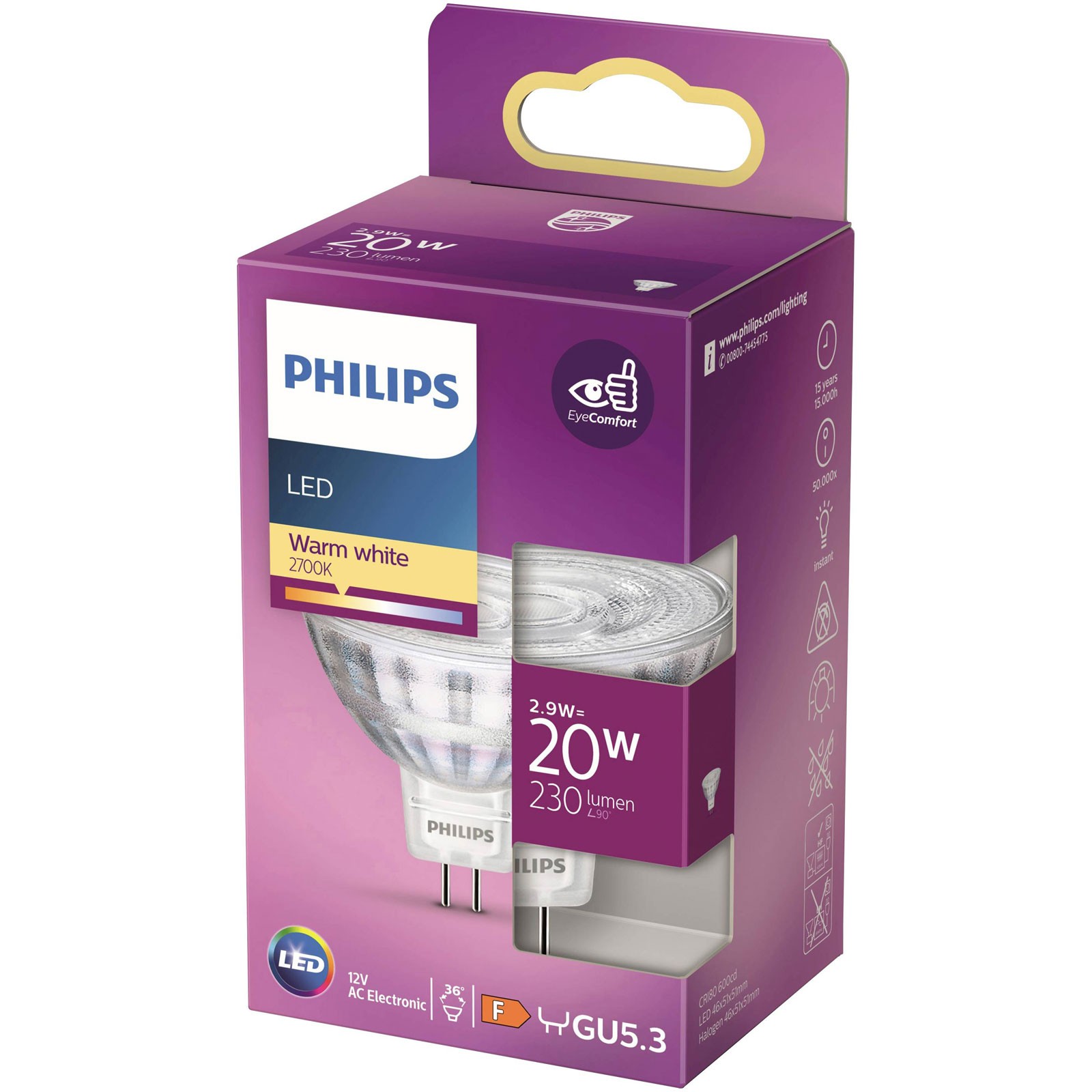 Philips LED GU5.3 Bulb, 20 W, Reflector, Silver, 36° Rotation, Warm White - Image 2