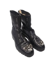 Jimmy Choo Hatcher Combat Boots Black Grainy Leather Crystal Detail Size 37 6  