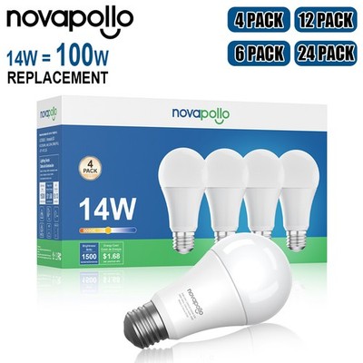  Novapollo A19 LED Light Bulb 5000K Daylight 100W Equivalent 14W 4/6/12/24 Pack