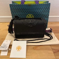 Tory Burch Fleming Shoulder Bag Tassel Matte Black Quilted Leather USED Auth