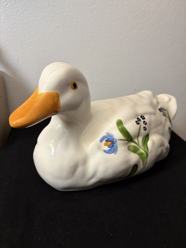 Vintage N.S. Gustin Ceramic Duck Figurine W/ Hand-painted Foral Details 14in