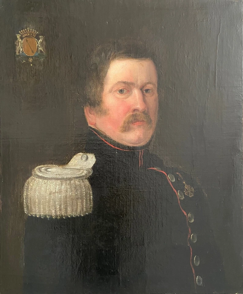 Portrait d' officier supérieur, noble, armoirie comtale, huile sur toile du XIXè - Photo 2/4