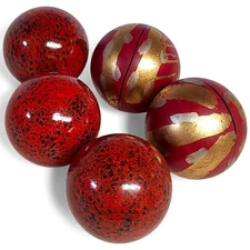 Set Of 5 High Quality Ceramic Decorative Red/ Black/ Gold Orbs Spheres 3.75"- 4"