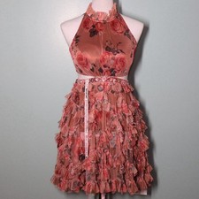 Mac Duggal Floral Ruffled Cutout Halter Mini Dress, Size 0 (9153RSM0)