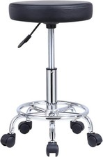 KKTONER PU Leather Round Rolling Stool with Foot Rest Swivel Height Adjustment