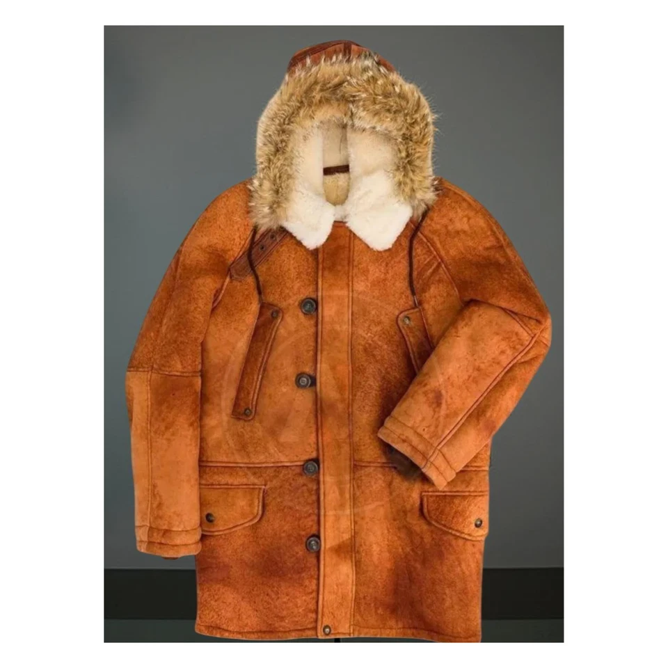 Abrigo largo de gamuza genuina de piel de oveja para hombre Chaqueta con capucha de invierno con forro de lana Foto 4 de 4