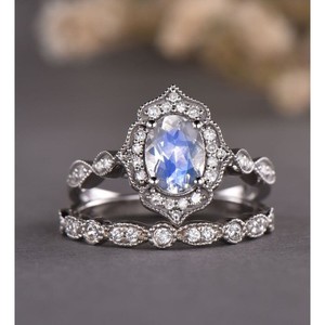 Authentic 3.10 Ct Oval Cut Moonstone & Moissanite Twin Ring 14K White Gold Plated