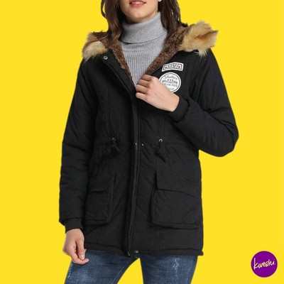 Ilovesia Damen Winterparka mit Kapuze, Kunstfell gefüttert, schwarz, UK 10 | EU 38