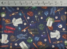QT Baseball Bats Jerseys Gloves and Balls Navy 100 Cotton Quilting Fabric BTY