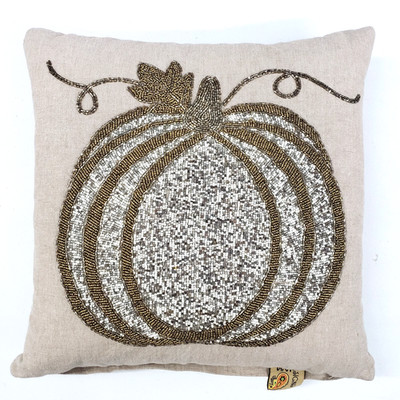 DEVI DESIGNS Beaded PUMPKIN Cotton Canvas Feathers 16'' Square Zip Fall Pillow