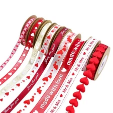 9 Rolls Valentine's Day Printed Heart Satin Ribbon Set for Gift Wrapping