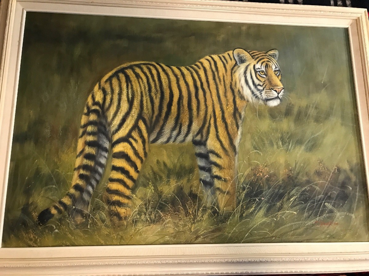 Tiger on the Plains of Asia Painting Signed S. Krake? 40