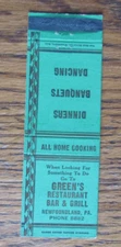 OHIO MATCH MATCHBOOK COVER: GREEN'S BAR NEWFOUNDLAND, PA EMPTY MATCHCOVER -C16