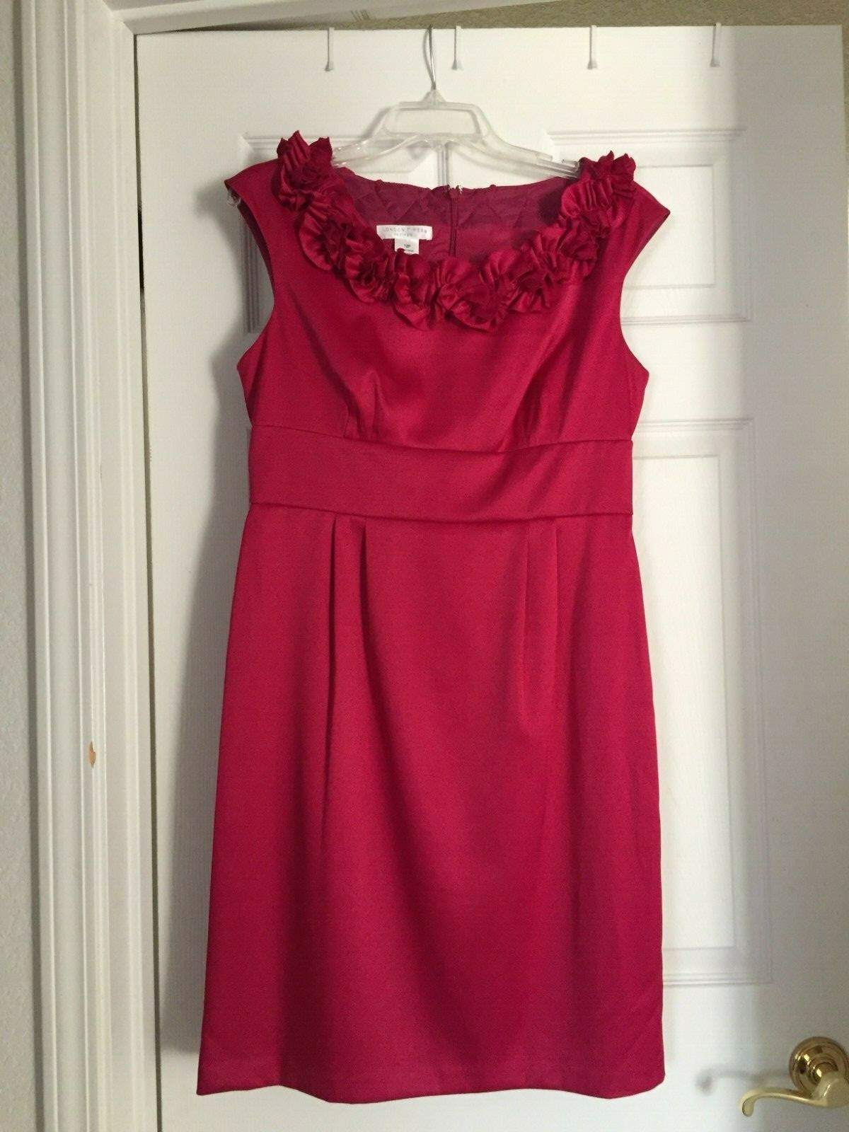 London Times Shift Dress Size 12 Petite Pink Sleeveless Zip Back Ruffle Neckline
