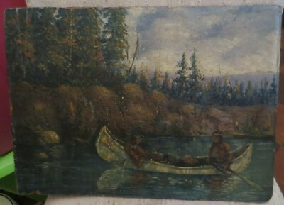 #ad Painting Oil on Board Native Americans Canoe River Scene on Fiber Board 18 x 13 $81.60