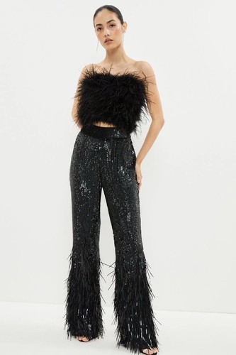 £200 Coast Sequin Trousers, Black Bootcut Embellished Christmas Party Pants