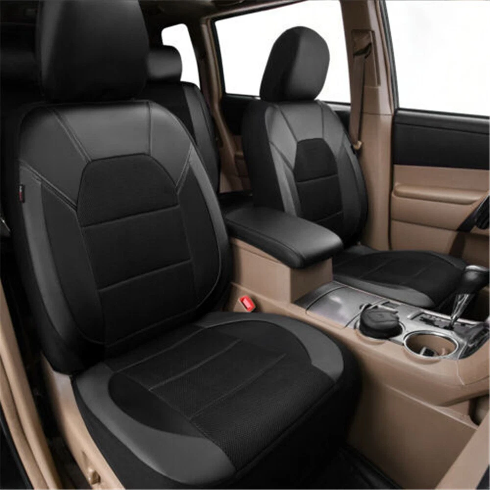 Juego completo universal protector de cuero para asiento de coche negro cojín delantero trasero 9 piezas Foto 2 de 4