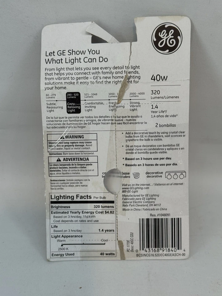 GE Crystal Clear 2 Count 40 Watt 320 Lumen G16 1/2 Candalabra Base 40GC CD2  - Image 2 of 2