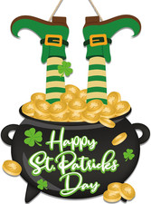 St. Patrick's Day Wooden Door Sign with Leprechaun Feet and Shamrock Decor