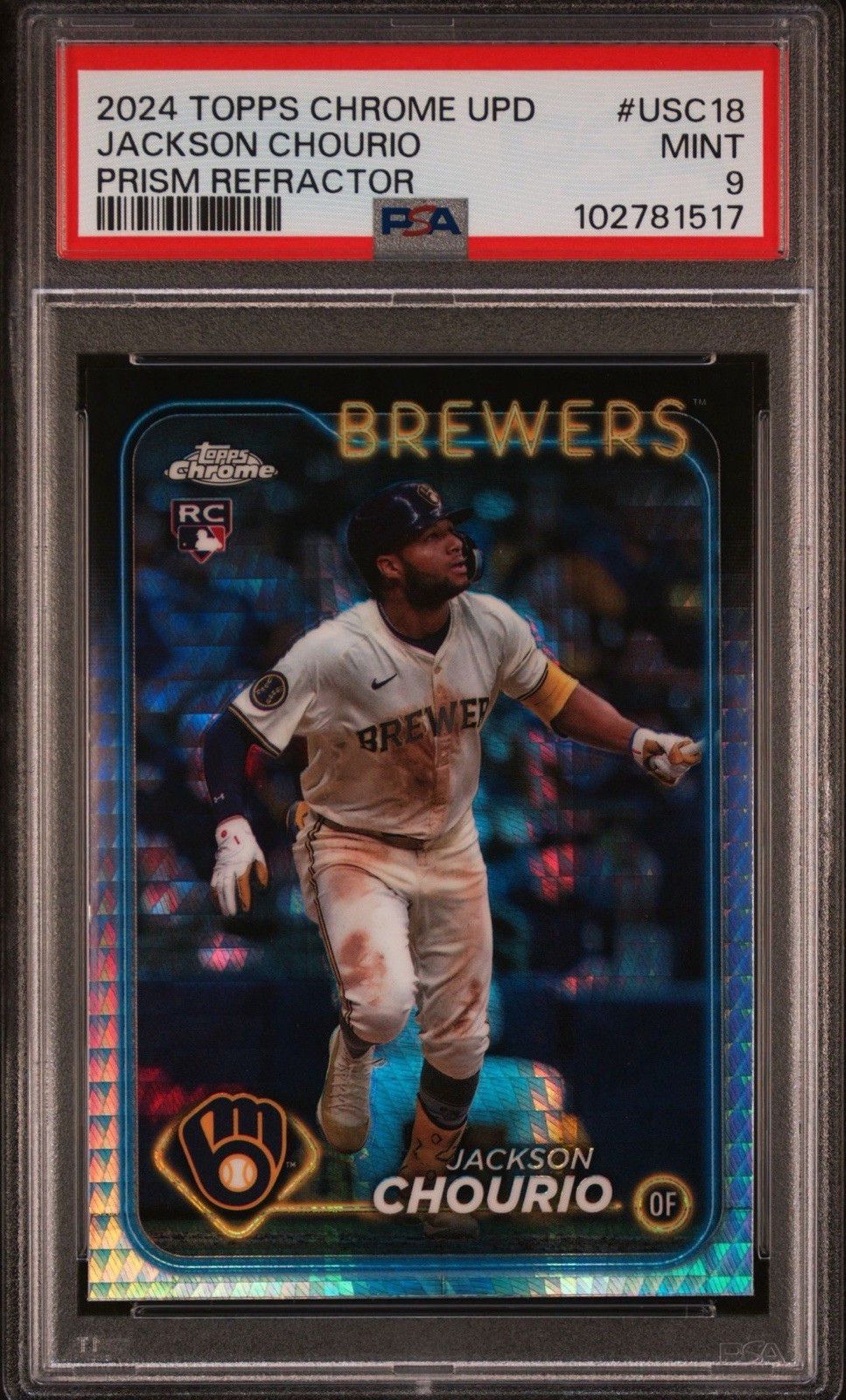 2024 Topps Chrome Update Jackson Chourio RC Prism Refractor #USC18 Brewers PSA 9