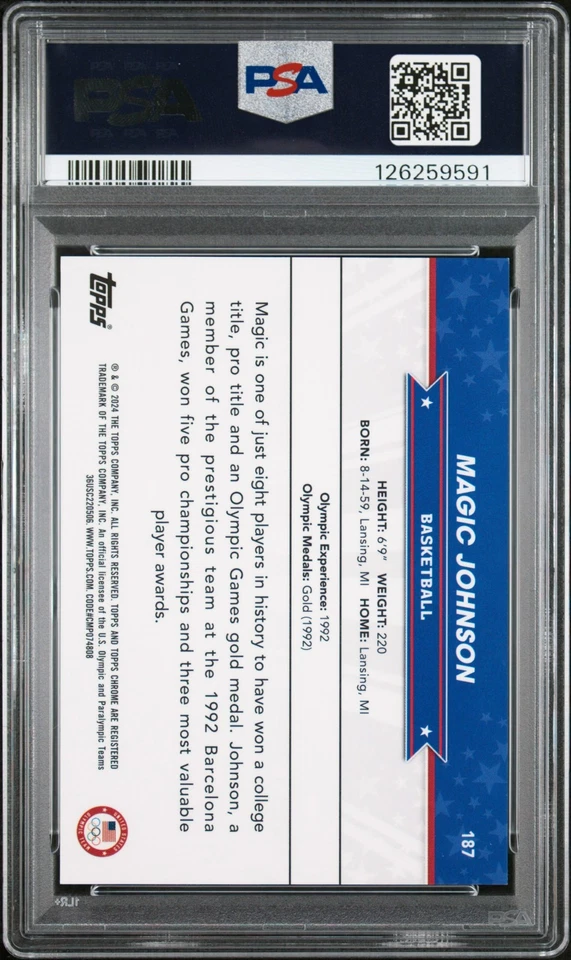 2024 Topps Chrome Olympics Magic Johnson #187 Gold Refractor #d/50 PSA 10 POP 1! - Image 3 of 3