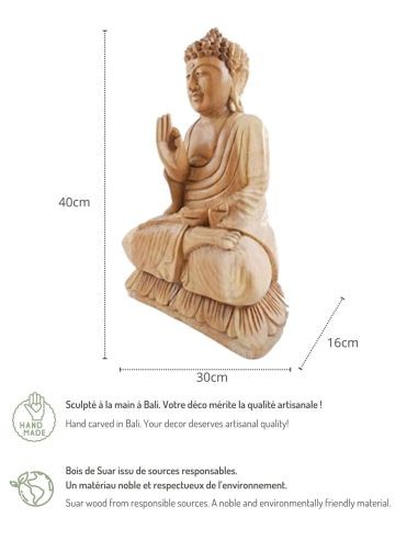 Sculpture Bouddha assis sur lotus en bois brut 40c - Imagen 6 de 6