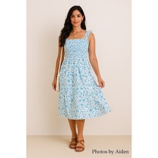 Draper James White Label Floral Smocked Midi Dress Sz M Blue 100 Cotton
