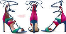 Stuart Weitzman Leg Wrap Lace Up Color Block Suede Sandals High Heels Shoes 8 M