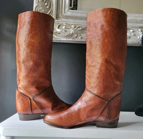 CLARUS BROWN GENUINE OSTRICH LEATHER PULL ON RIDING BOOTS Made in ITALY