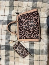 Pink Leopard Print Satchel Tote Bag Set with Matching Zip-Around Wallet