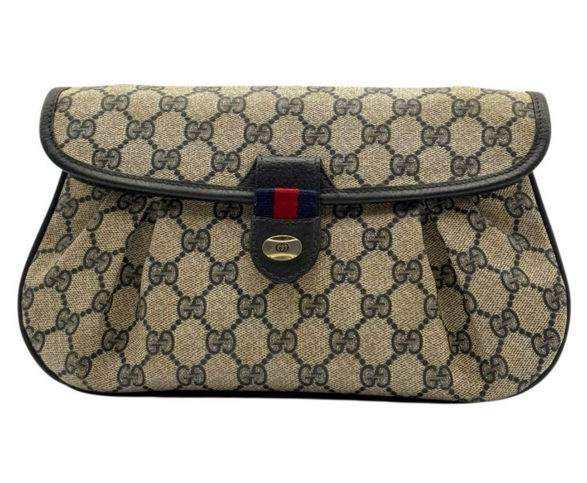Old Gucci Clutch bag Sherry Line Gray Dark Blue GG Black Red Auth