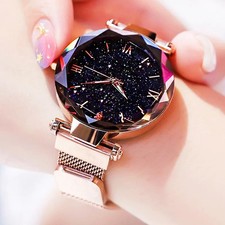 Womens Fashion Starry Sky Watches Magnet Buckle Mesh Belt Diamond Quartz Watch W