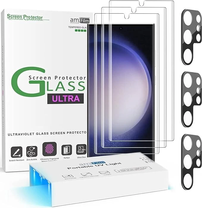 amFilm 3D Curved Tempered Glass & Camera Screen Protector for Samsung Galaxy S23 Ultra