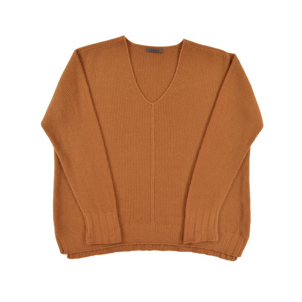 Oska Brown-Tan Wool Knitted V-Neck Jumper Sweater OverSize (M-L