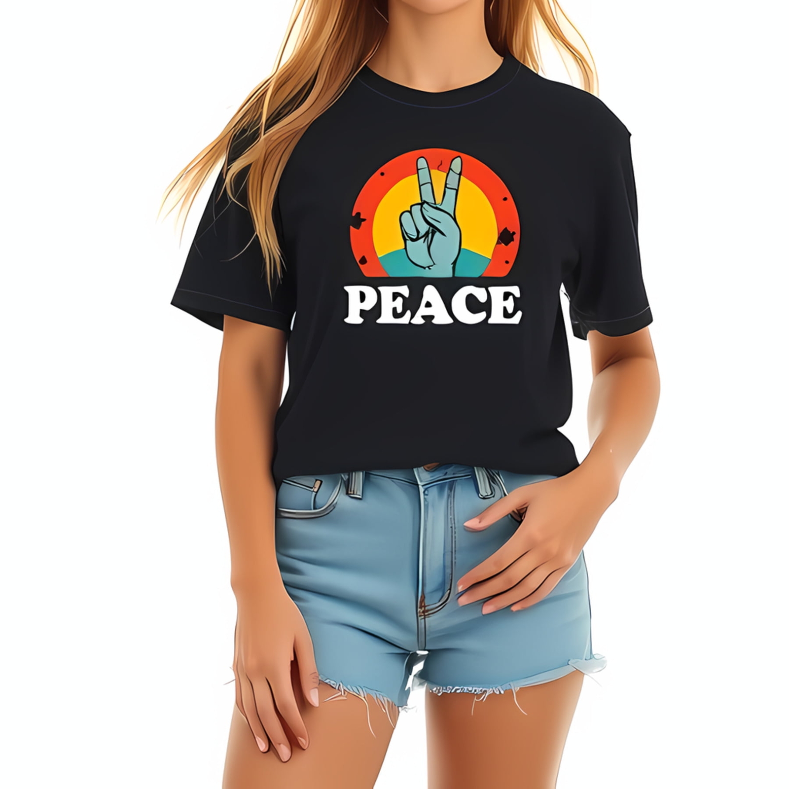 Stylish Cotton Short Sleeve T-Shirt with Vibrant Peace Sign-All-cotton