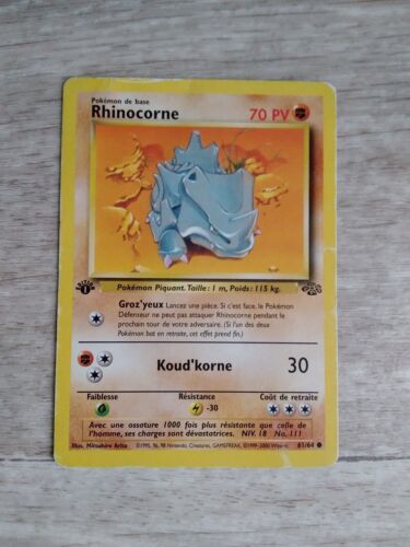 carte pokemon rhinocorne 70pv 61/64 version fr etat be 1edition set de base - Photo 1/2