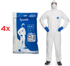 4 x DuPont Tyvek 500 Xpert Hooded Protective Disposable Coverall Size LARGE