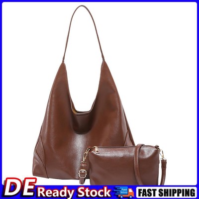 2pcs Women PU Leather Slouchy Hobo Bag Adjustable Strap Handbag for Work (Black)