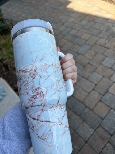 40 oz Red and white marble Stanley dupe insulated tumbler with handle ...