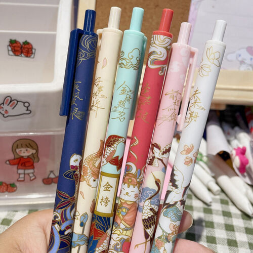 6Pcs/Set Cute Chinese style Retractable Gel Pen Black Ink Signature Writing P FT