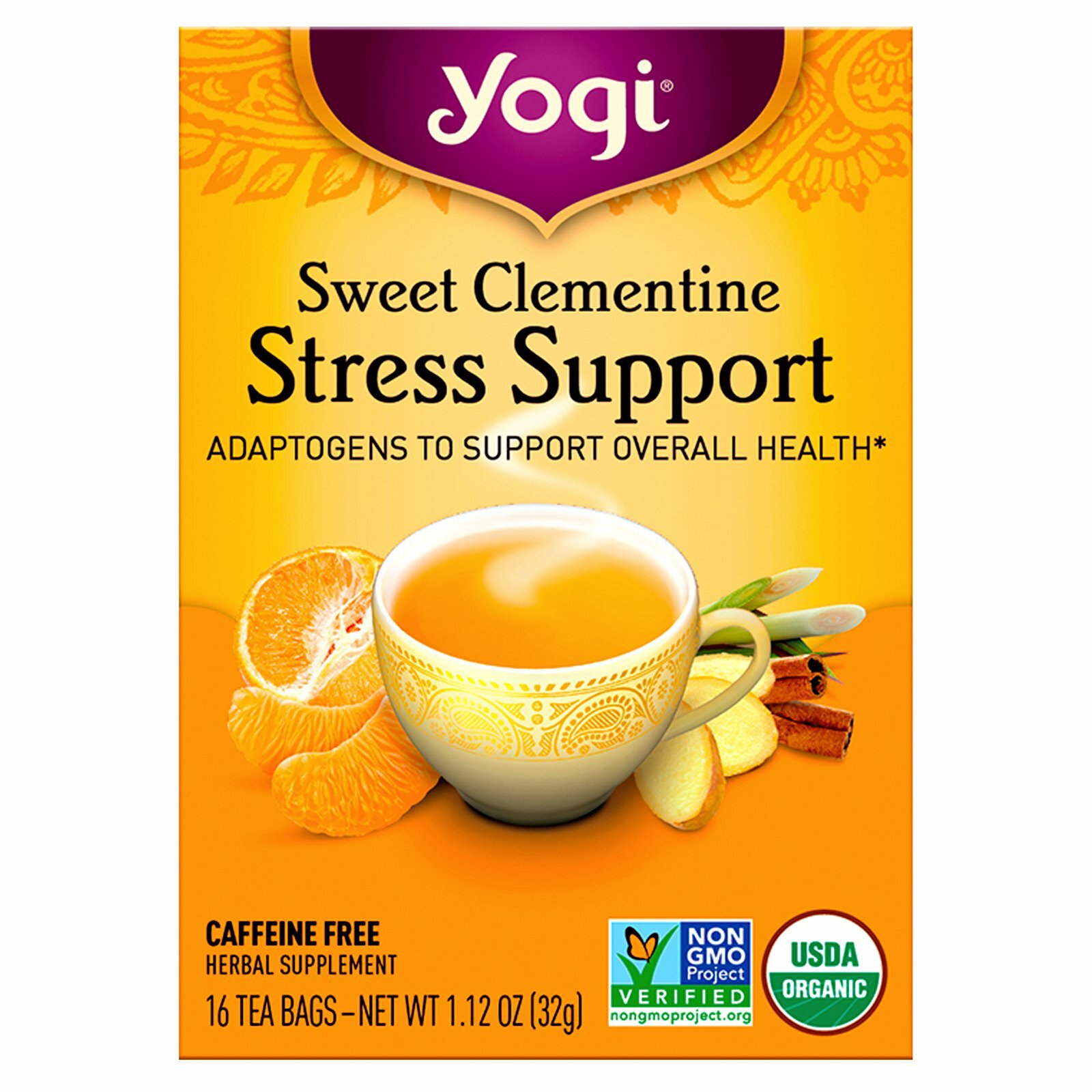 Yogi Tea, Stress Support, Sweet Clementine, Caffeine Free, 16 Tea Bags, 1.12 oz