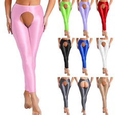 US Women's Sheer Open Crotch Pants Tights Shiny Oil Tights Baselayer Nightwear