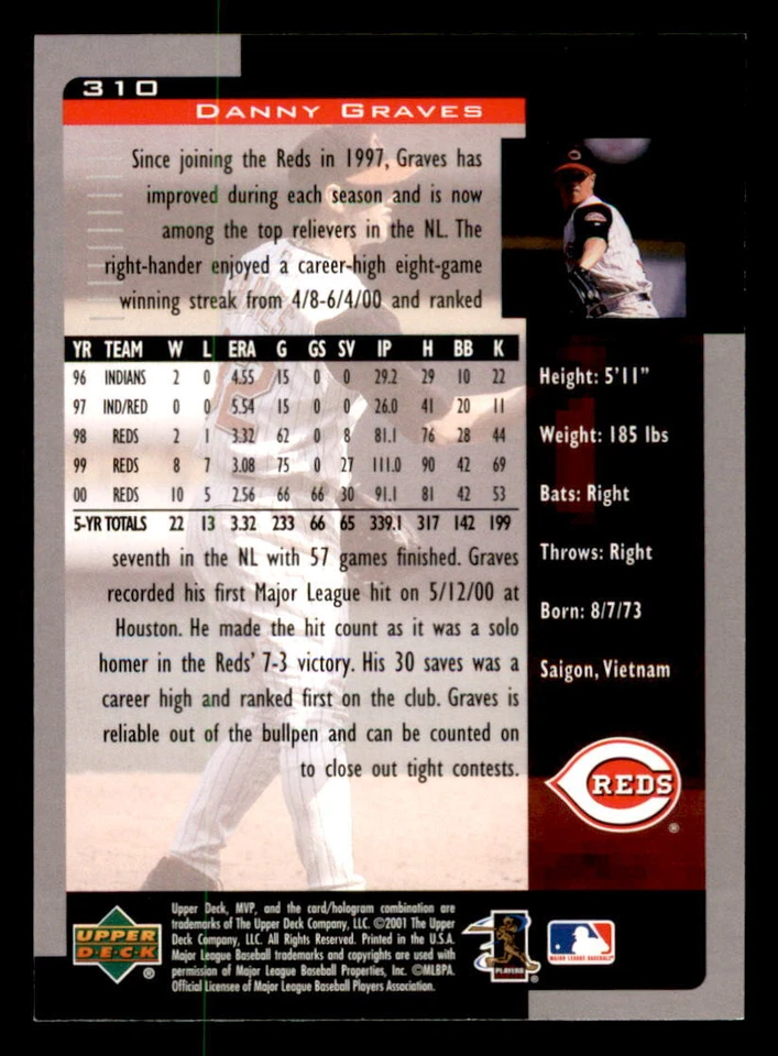 2001 Upper Deck MVP #310 Danny Graves Cincinnati Reds - Image 2 of 2