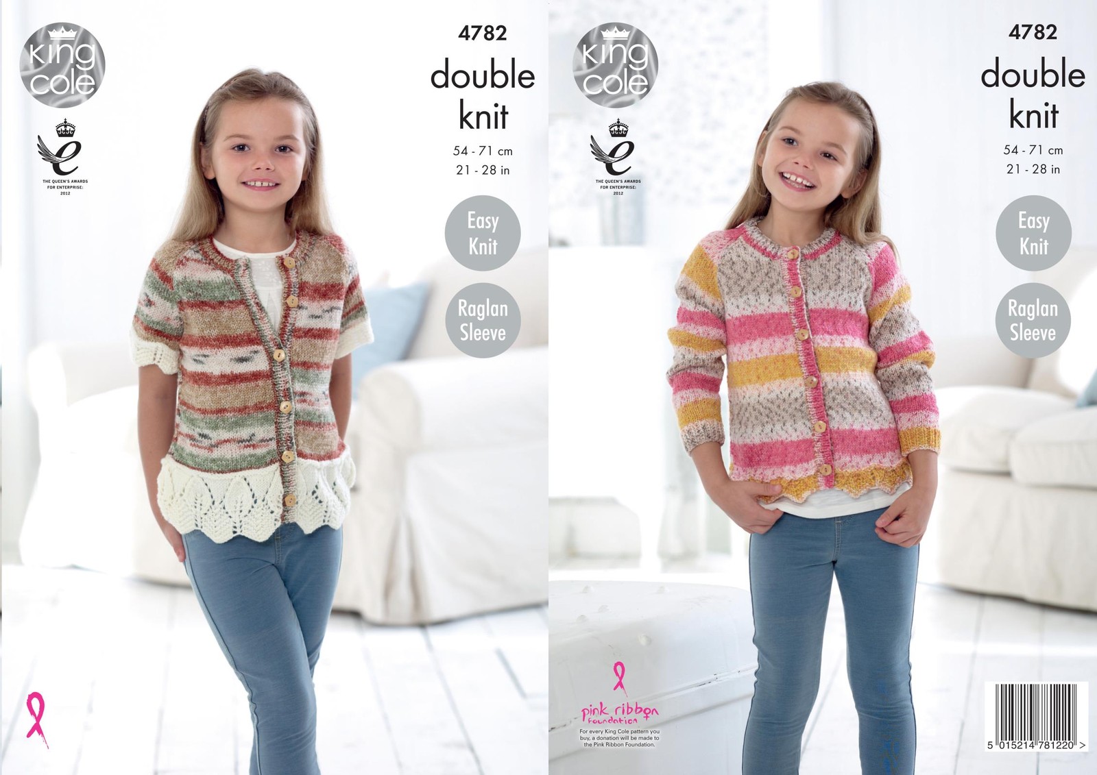 King Cole 4782 Knitting Pattern Girls Easy Knit Raglan Cardigans in King Cole DK
