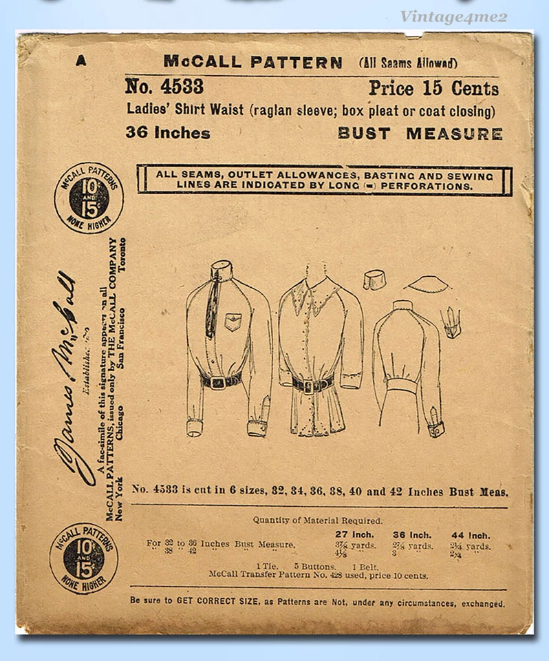 1910s Vintage Misses Victorian Shirtwaist Uncut McCall Sewing Pattern 4533 36B - Image 4 of 4
