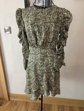 AX Paris Women's Green Printed Rushed Sleeve Frill Hem Dress In Size 10