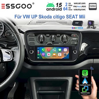 DAB+ 2+64GB Carplay Für VW UP 2011-2016 Autoradio Android 15 GPS RDS BT SWC WiFi