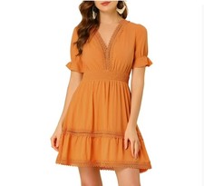 Women's Mini Dress Solid V Neck Smocked Elastic Waist Short Sleeve Dresses - S